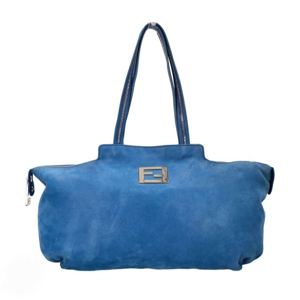 fendi Blue Metallic Nubuck Medium Chains Tote Bag